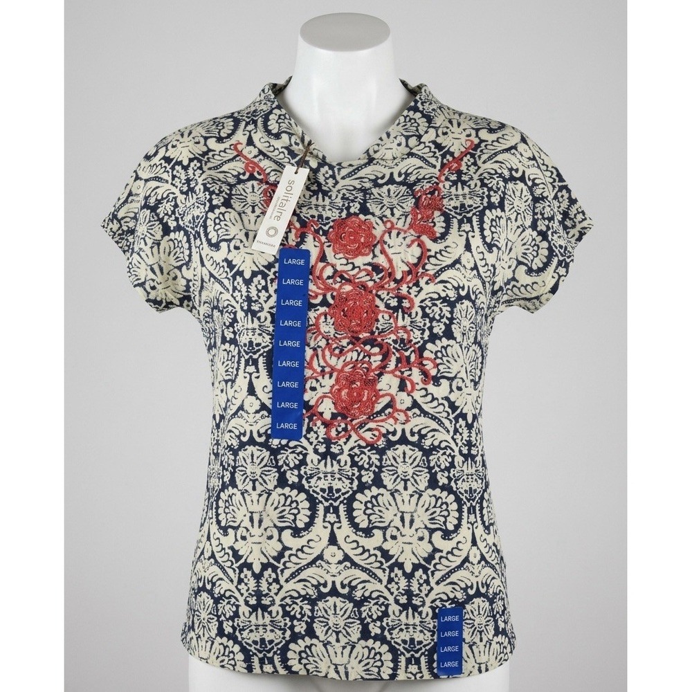 Solitaire Floral Peasant Top Womens L Rayon Navy Red Embroidered Boho Blouse NWT